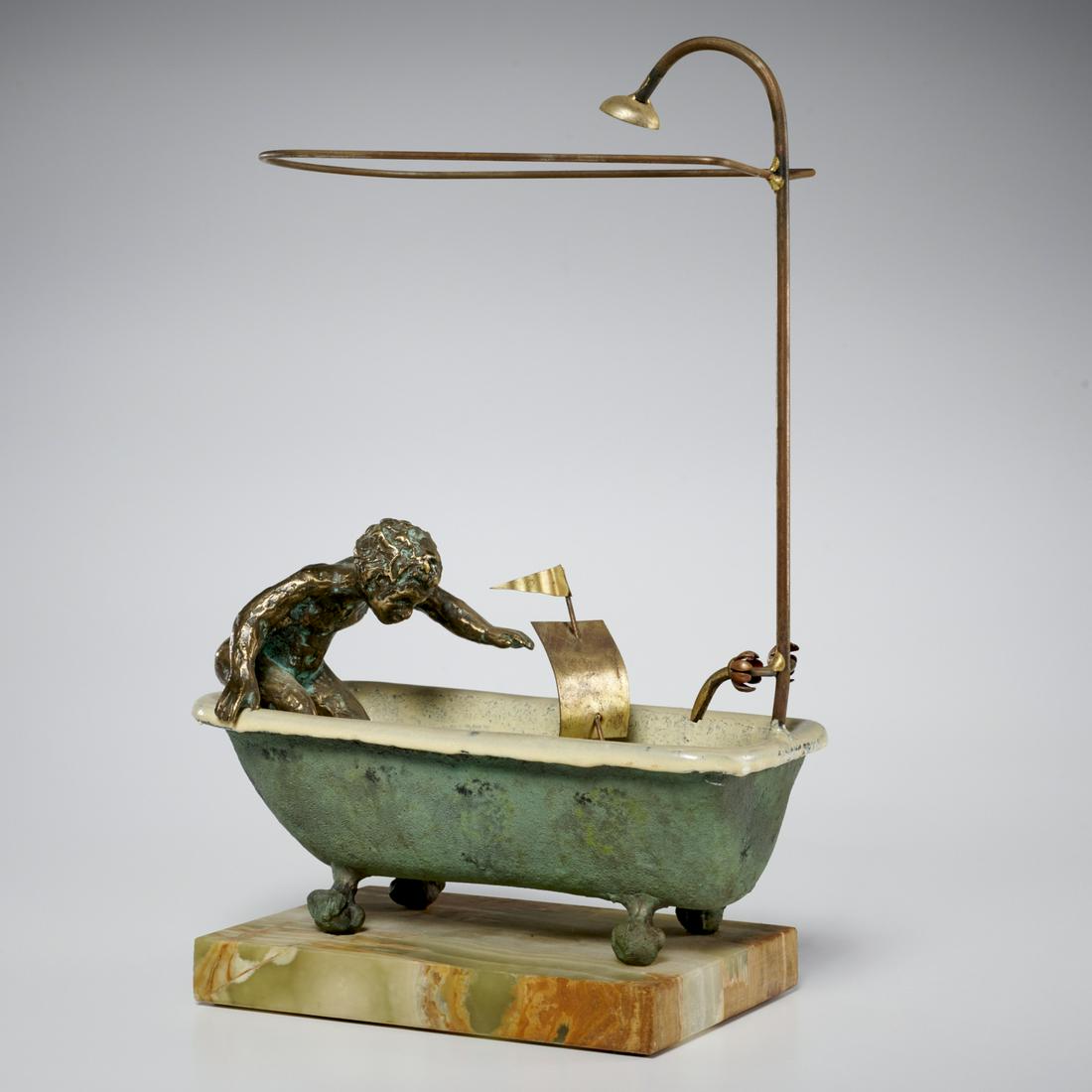 Curtis Jere, mixed media sculpture: Curtis Jere, mixed media sculpture, Late 20th c., boy playing with toy sailboat in tub, bronze, acrylic, and mixed metal, on rectangular onyx base, signed "C. Jere" under rim of tub, 11.25"h x 7.75"l