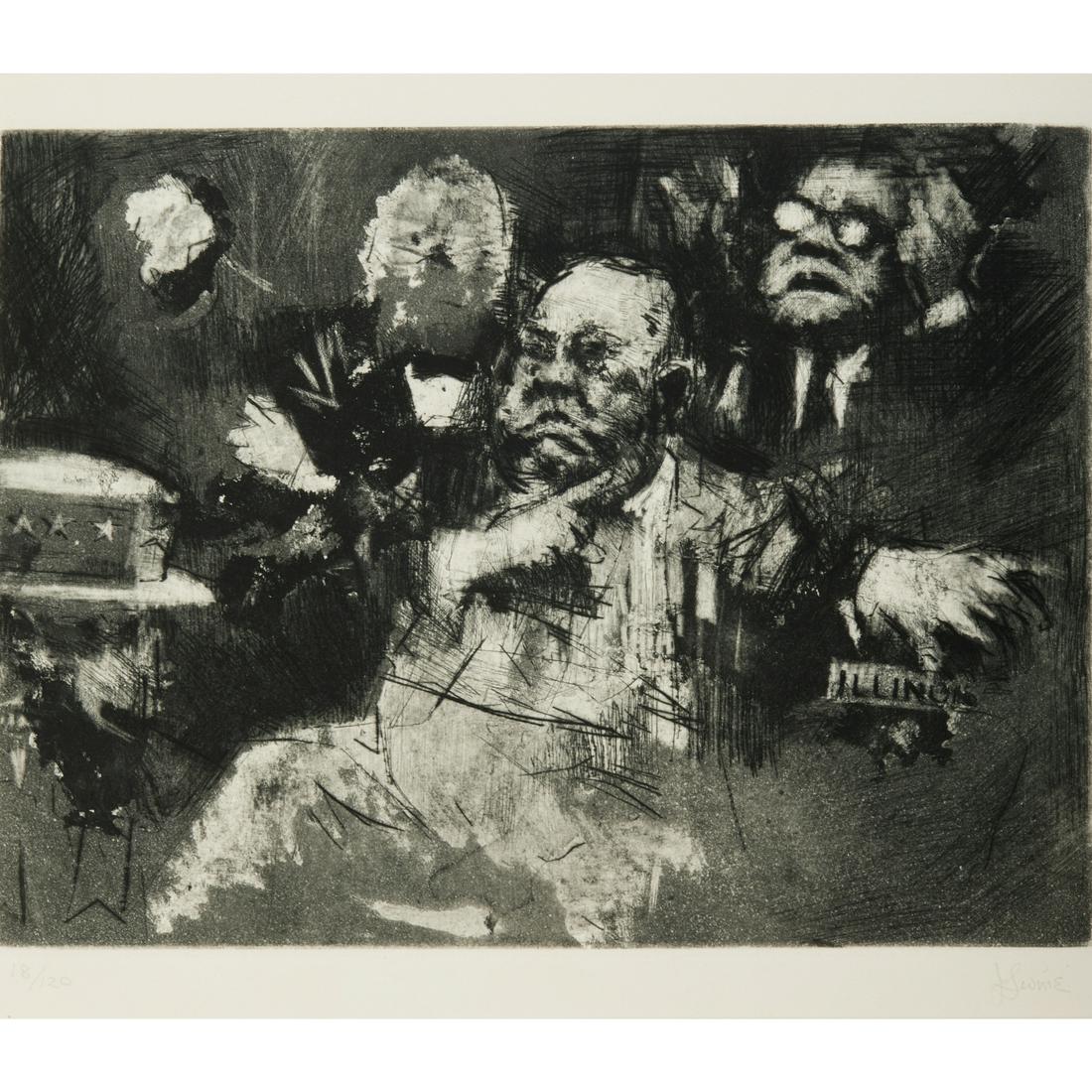 Jack Levine, aquatint and drypoint on paper: Jack Levine, aquatint and drypoint on paper, Jack Levine (American, 1915-2010), "Daley's Gesture", pencil signed "J Levine" lower right, numbered 18/120 lower left, matted and framed under glass, 10.2