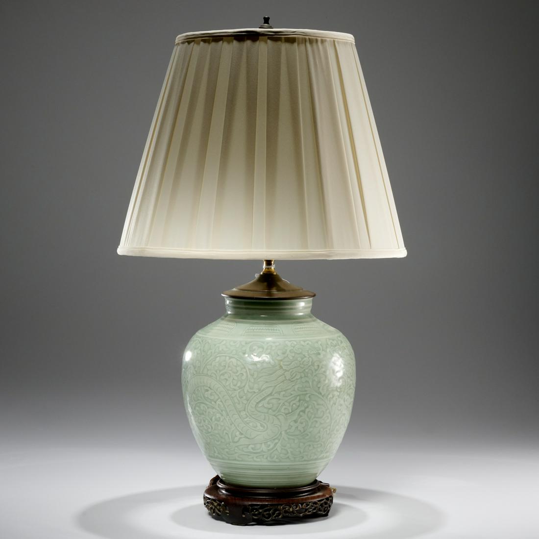 Chinese carved celadon porcelain dragon jar lamp (1 of 4)
