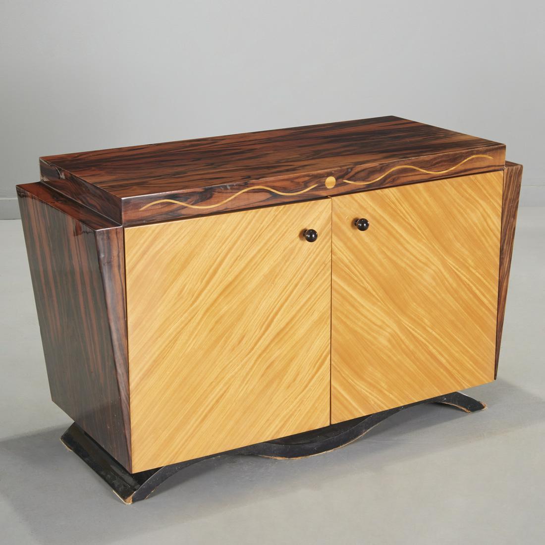 French Art Deco style macassar veneer cabinet: French Art Deco style macassar veneer cabinet, 20th c., custom media cabinet, unmarked, 30"h x 48.5"w x 20"d
