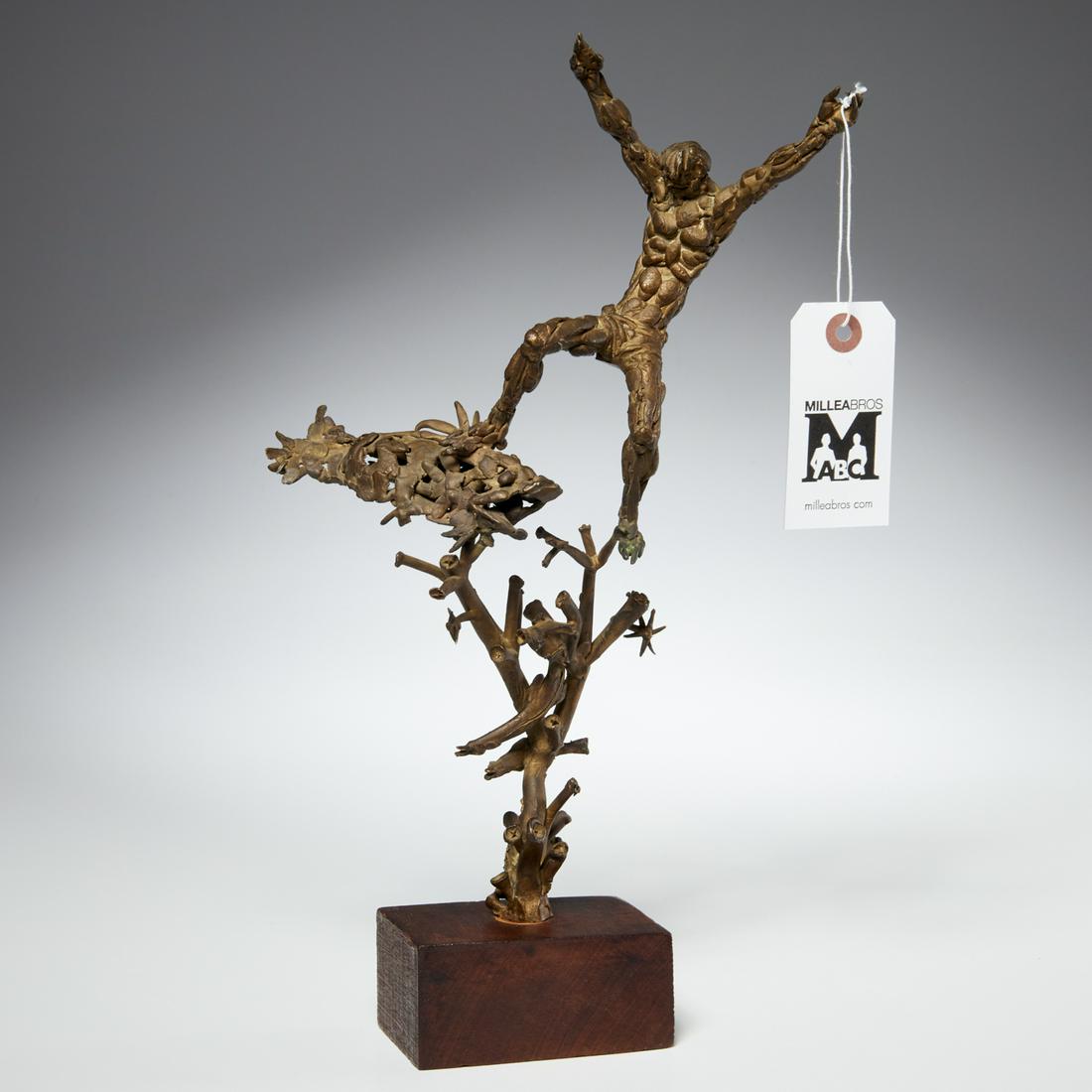 Frank Eliscu, bronze sculpture: Frank Eliscu, bronze sculpture, Frank Eliscu (American, 1912-1996), "Strange Fish", signed "ELISCU" at bottom, mounted on wood block, old label taped underneath, 13"h (bronze), 14.75"h (incl. base) x