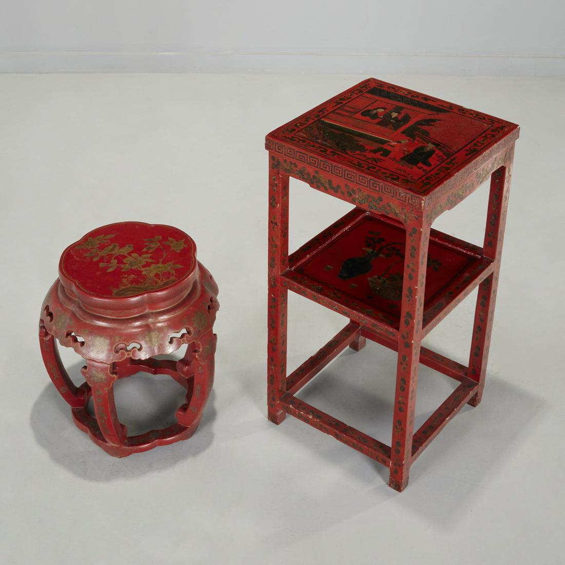 Chinese red lacquered tiered table and garden seat (1 of 9)
