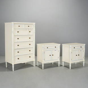 Julia Gray Ltd. Louis XVI style bedroom set: Julia Gray Ltd. Louis XVI style bedroom set, 20th/21st c., (3) pieces, incl. a tall chest, with label of Julia Gray Ltd. in drawer, and a pair of nightstand cabinets, unmarked, each cream painted with