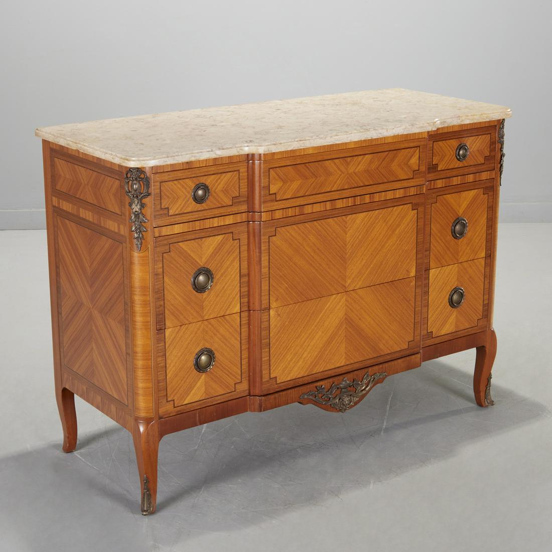Grosfeld House Louis XV style commode: Grosfeld House Louis XV style commode, 20th c., marble top, mixed wood veneer with inlaid stringing, metal mounts, and pulls, approx. 35.5"h x 47"w x 20"d