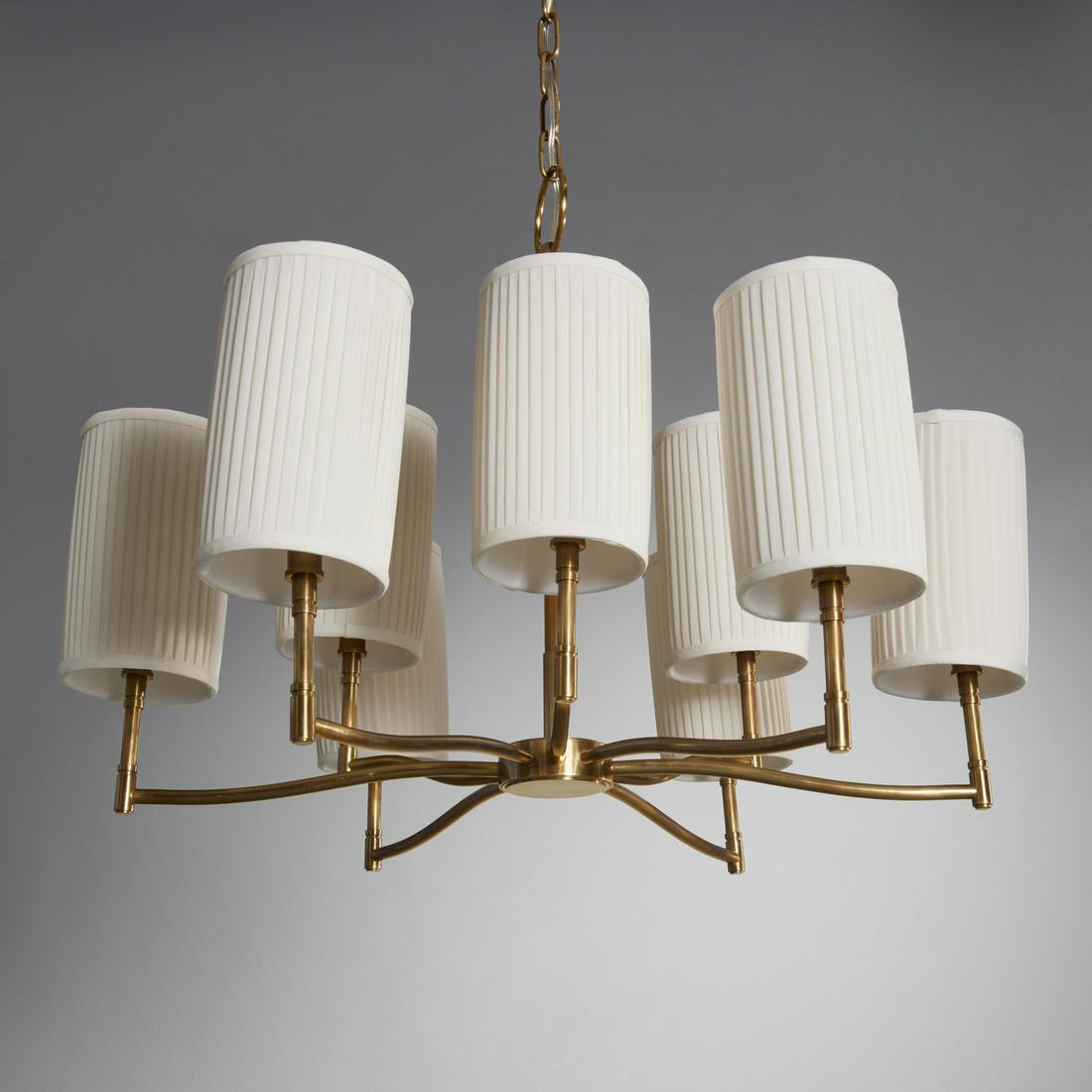 Hudson Valley Lighting 'Dillon' chandelier: Hudson Valley Lighting 'Dillon' chandelier, 21st c., brass with tall pleated candle shades, unmarked, approx. 37"h x 29"w Provenance: A Private Collection: 1165 Park Avenue, NYC