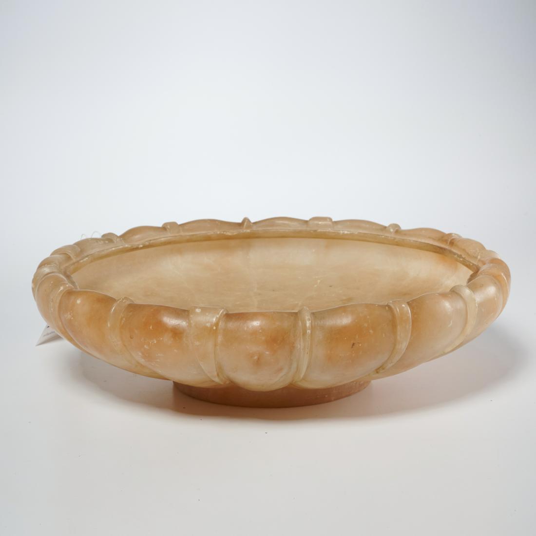 Art Deco carved alabaster center bowl: Art Deco carved alabaster center bowl, 20th c., shallow footed bowl, unmarked, 4"h x 13.5"dia