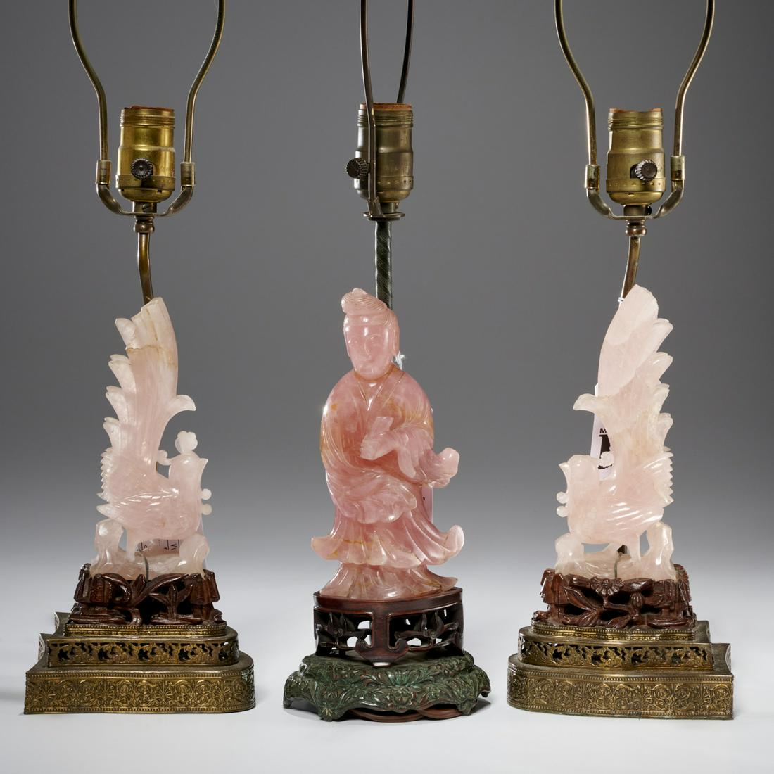 (3) Chinese carved rose quartz table lamps (1 of 7)
