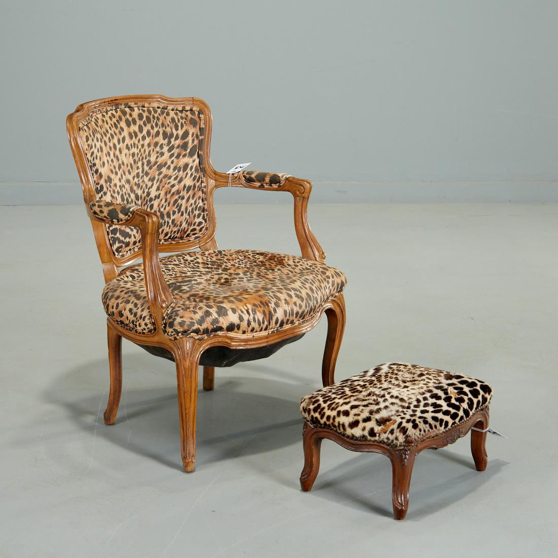 Louis XV style leopard print fauteuil & footstool (1 of 7)
