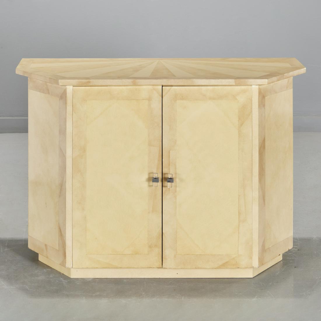 Art Deco style faux painted parchment cabinet: Art Deco style faux painted parchment cabinet, 20th c., with acrylic pulls, unmarked, 30"h x 45"w x 20"d