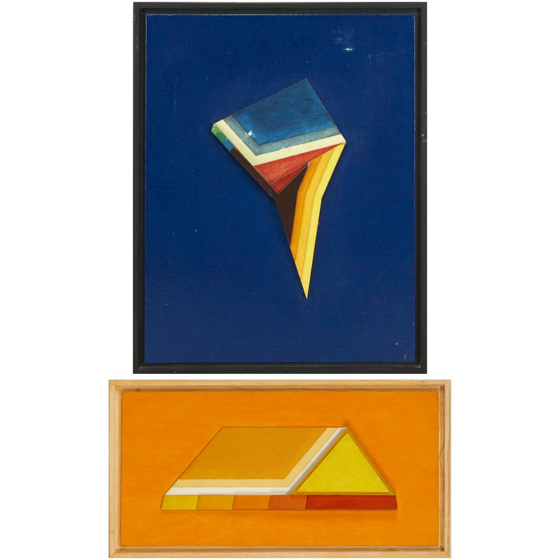 Leonard T. Contino, (2) mixed media collages: Leonard T. Contino, (2) mixed media collages, Leonard T. Contino (American, 1940-2016), Untitled, cut and stacked geometric shapes, one mounted on painted canvas board, one on wood panel, each signed