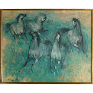 Denes de Holesch, oil on canvas: Denes de Holesch, oil on canvas, Denes de Holesch (Hungarian, 1910-1983), (possibly aka Denis V. Holeget), Untitled (Herd of horses), signed lower left, artist information verso, 31.25"h x 38.75"w (si