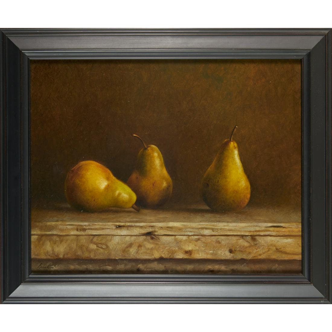Larry Preston, Still Life, oil on Masonite: Larry Preston, Still Life, oil on Masonite, Larry Preston (American, b. 1951), "Three Green Pears", 2004, signed lower left, signed, titled and dated verso, 15.25"h x 19.25"w (sight), 20"h x 24"w (fra