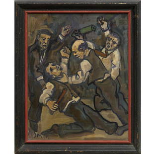 WPA artist Arthur Smith, oil on panel: WPA artist Arthur Smith, oil on panel, Arthur Smith (American, 20th c.), Bar brawl or Street fight, signed "A. Smith" lower left, 19.75"h x 15.5"w (sight), 23.5"h x 19.5"w (frame)