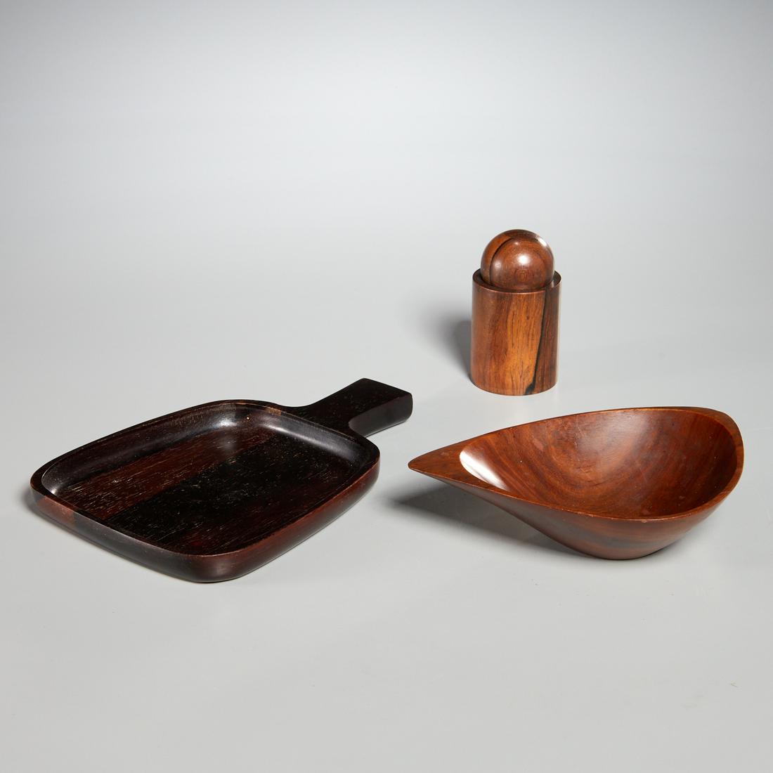 Mid-Century Modern woodenware group: Mid-Century Modern woodenware group, Mid 20th c., (3) pieces, incl. an Emil Milan "Lapacho" bowl, a two-piece Sven Petersen SAAP Danish magnetic ball and cylinder paper clip holder, and a small servin