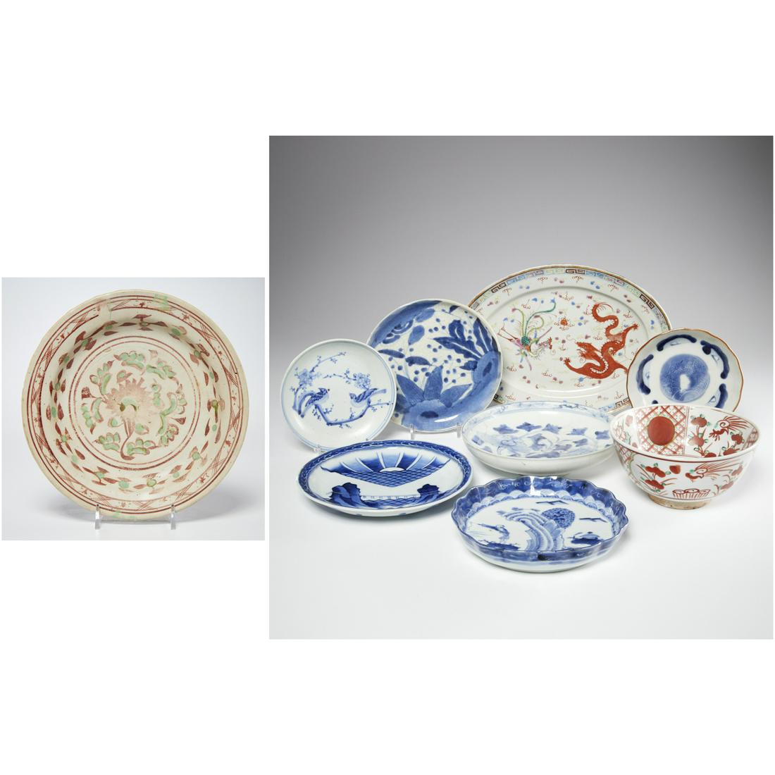 Chinese and Japanese porcelain collection: Chinese and Japanese porcelain collection, 19th/20th c., (10) pieces, mostly blue and white, incl. a footed bowl with iron red details, pair brown rimmed dishes, old pottery dish with red and green gl