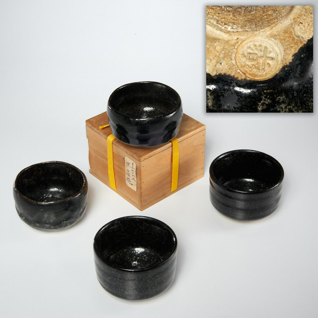 (4) Japanese black Raku chawan tea bowls (1 of 10)