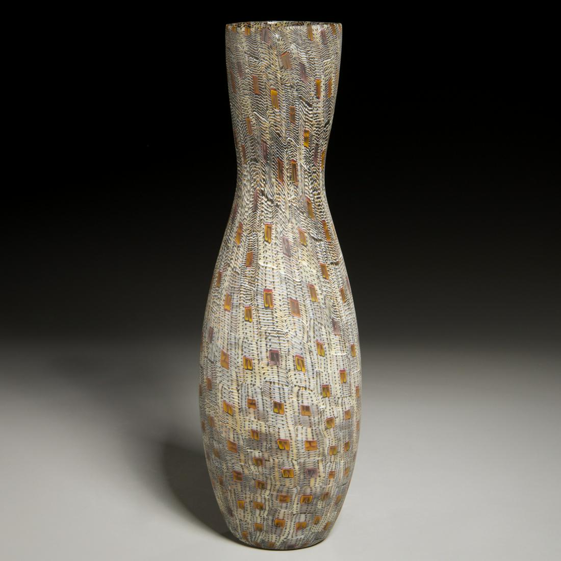 Giles Bettison, large glass vase, 1999: Giles Bettison, large glass vase, 1999, Giles Bettison (Australian, b. 1966), #51 from the "Paddock Series", fused, blown and wheel cut murrine glass, artist monogram on one glass element, 17.25"h x 5