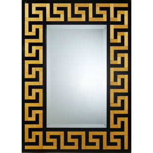 David Linley (attrib) inlaid Greek Key mirror: David Linley (attrib) inlaid Greek Key mirror, 20th c., nice quality, rectangular beveled mirror plate within an inlaid blonde and ebonized wood surround, unmarked, 53.75"h x 38.75"w Provenance: A Pri