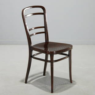 Otto Wagner for Thonet, bentwood side chair: Otto Wagner for Thonet, bentwood side chair, c. 1906, Austria, dark stained beech, with perforated seat and later leather cushion, originally designed for the Osterreichische Postsparkasse, "Thonet" b