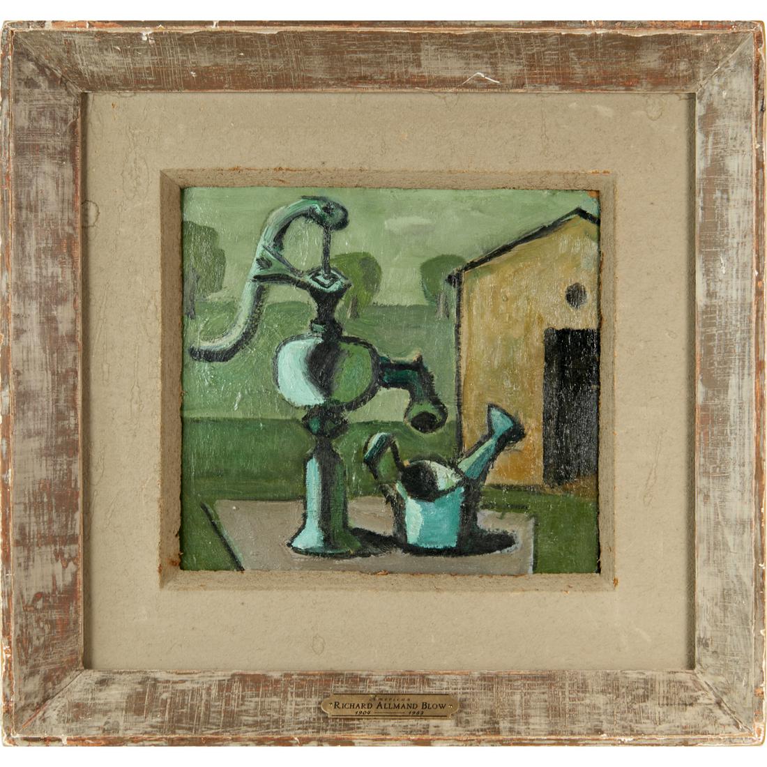 Richard Blow, two-sided oil on board: Richard Blow, two-sided oil on board, Richard Allmand Blow (American, 1904-1983), Watering can and pump, depicted on both sides of board, signed and dated lower left on verso "Blow '56", 11"h x 12"w (