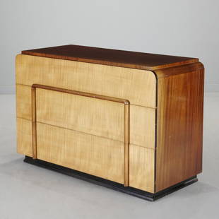 Paul Frankl (attr) for Johnson, 3-drawer dresser: Paul Frankl (attr) for Johnson, 3-drawer dresser, c. 1940s, USA, flame and straight grain mahogany veneer, black painted wood, the rectangular top inset over shaped case with waterfall sides, the thre