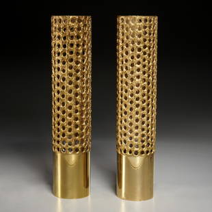 Pierre Forsell, pair gilt brass table lamps: Pierre Forsell, pair gilt brass table lamps, c. 1965, Sweden, openwork modernist tubular design, stamped with makers mark "Skultuna - F - 1607 - 9 - 121" and paper labels to underside, 15.75"h x 3"dia