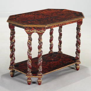 Maison Franck (attrib), two-tier occasional table: Maison Franck (attrib), two-tier occasional table, c, 1920, Belgium, gilt and red painted carved wood, tortoise veneer, the octagonal top with beveled gilt edge, above eight twist turned columns decor