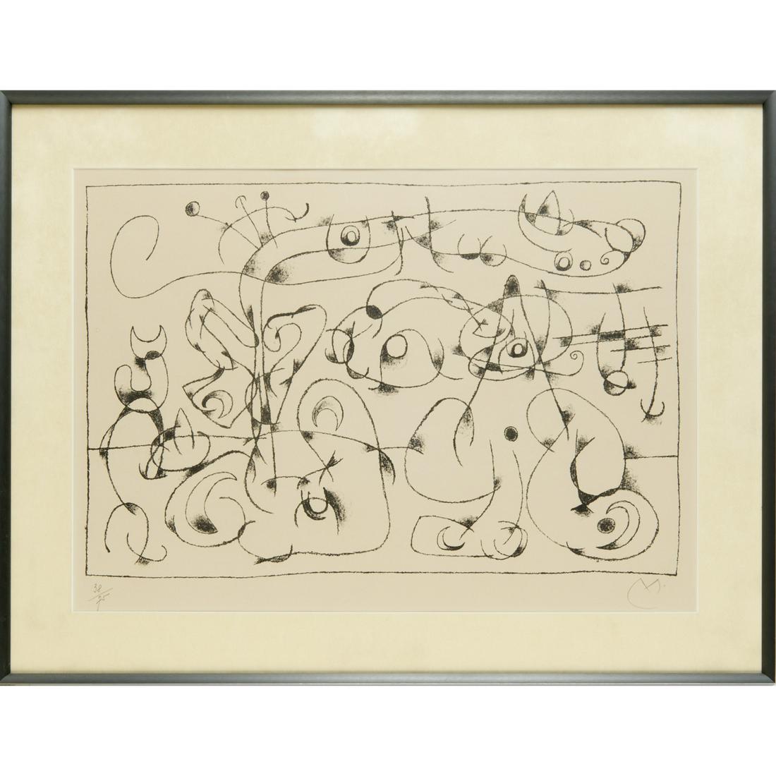 Joan Miro, signed lithograph, 1966: Joan Miro, signed lithograph, 1966, Joan Miro (Spanish, 1893-1983), "Ubu Roi VI" (M475), abstract with erotic imagery, Teriade publisher, signed with Miro's initial "M" and numbered 38/75, nicely matt