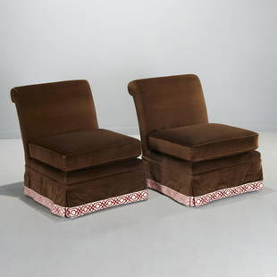 Pair Billy Baldwin style custom slipper chairs: Pair Billy Baldwin style custom slipper chairs, Late 20th c., American, brown cotton velvet, geometric sculpted velvet skirt trim, over square dark stained wood legs, 34"h x 26"w x 30"d, 18"h (to seat