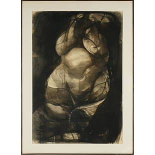 Rico Lebrun, ink and wash on paper, 1961: Rico Lebrun, ink and wash on paper, 1961, Rico Lebrun (Italian-American, 1900-1964), Untitled female figure, signed and dated lower center, matted and framed under glass, 39"h x 27"w (sight), 46"h x 3