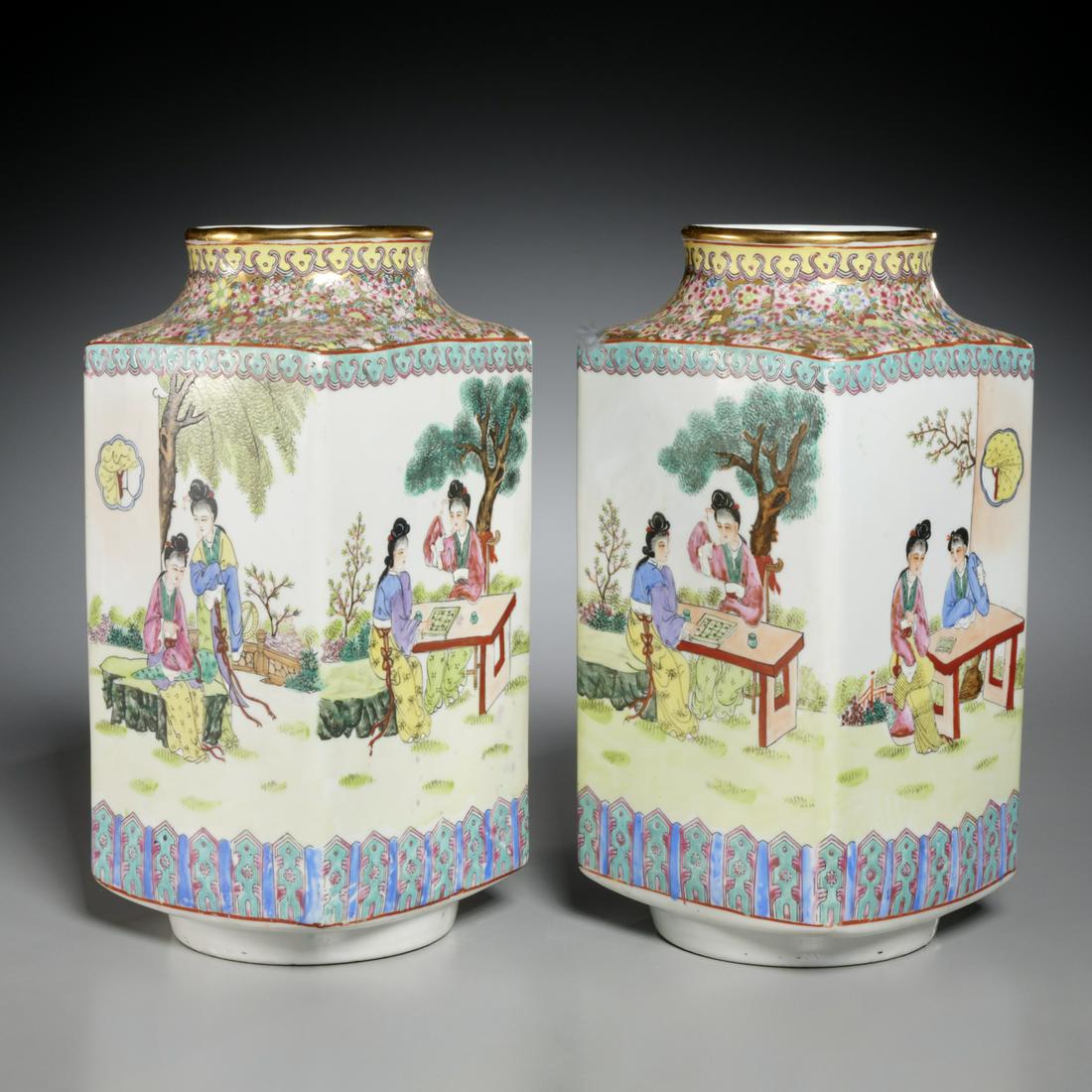 Pair Chinese famille rose cong vases (1 of 5)