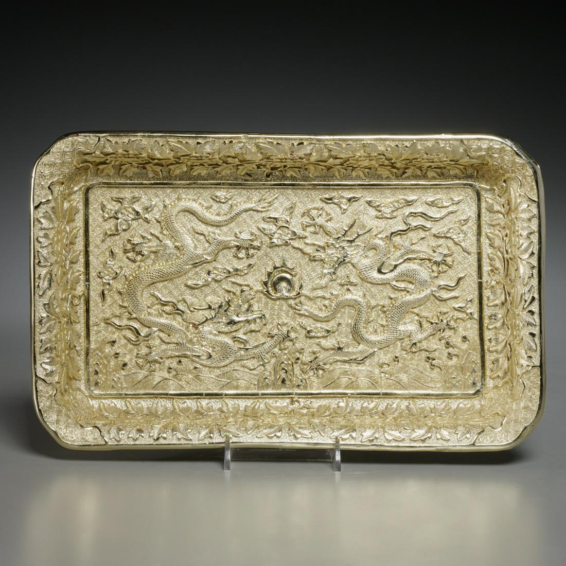 Chinese silver overlaid lacquer dragon tray (1 of 7)