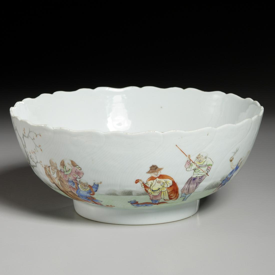 Chinese Export 'Peeping Harlequin' bowl: Chinese Export 'Peeping Harlequin' bowl, c. 1750, China, incised, gilt and polychrome enameled porcelain, the interior decorated with a roundel depicting a harlequin peeping at a reclining nude Odalis