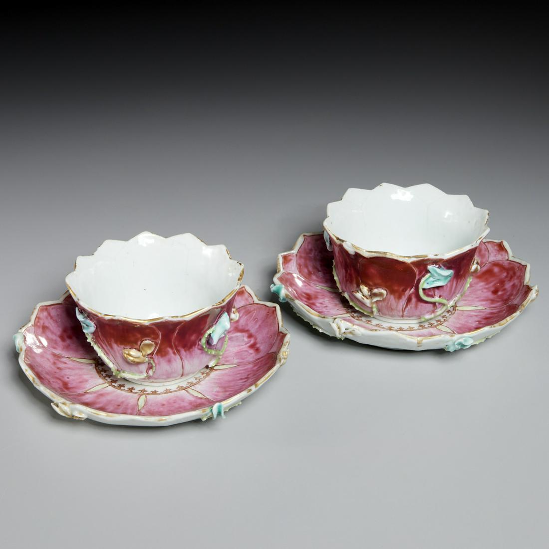 Pair Chinese Export lotus cups and saucers (1 of 5)