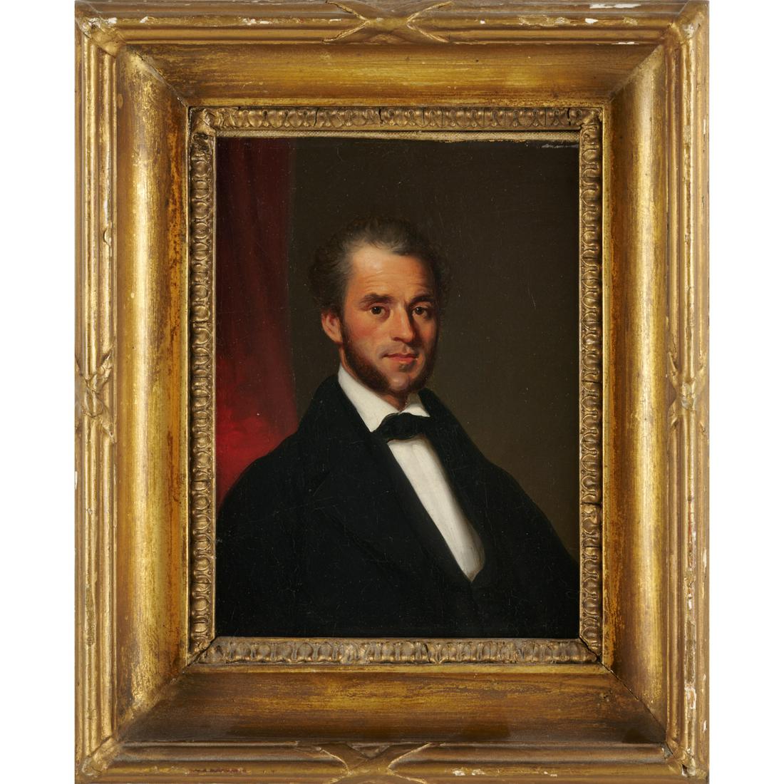 Lam Qua (or studio), oil on canvas: Lam Qua (or studio), oil on canvas, Lam Qua (Guan Qiaochang) or Studio (Chinese, 1801-1860), Portrait of a Merchant, unsigned, gallery label verso, 8"h x 6"w (stretchers), 11"h x 9.5"w (frame) Provena