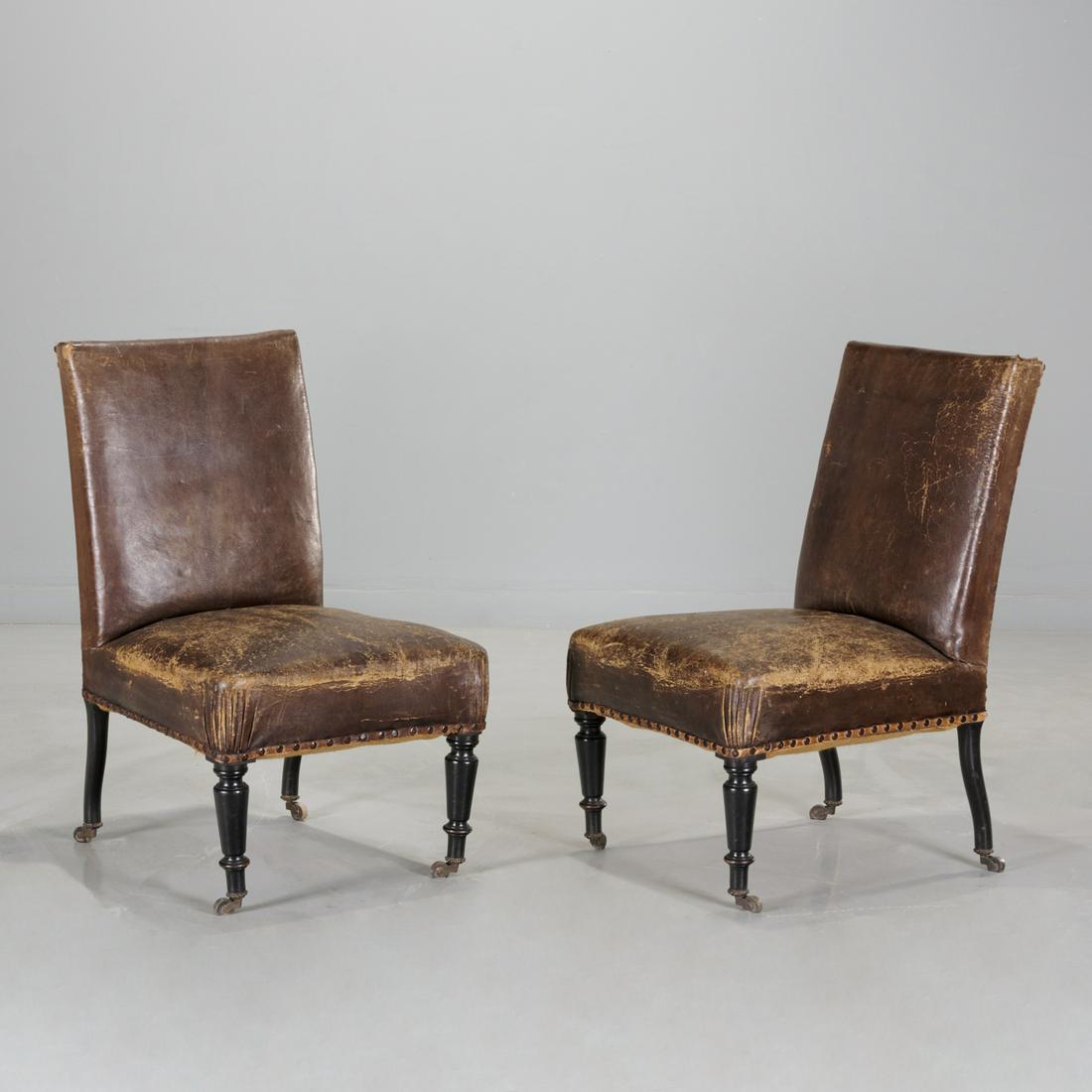 Pair Victorian ebonized vintage leather chairs (1 of 9)