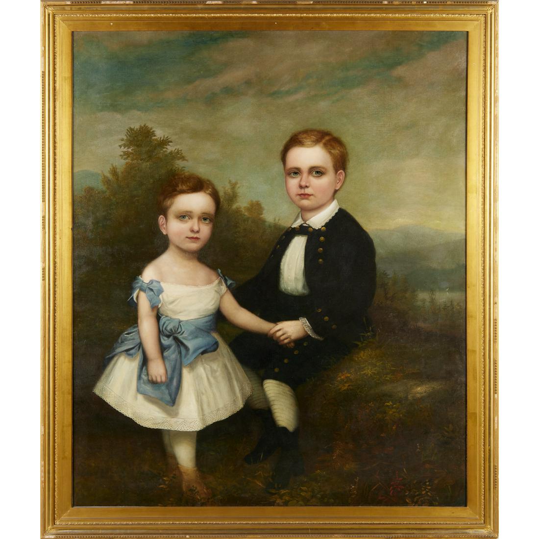 Joseph Stock (manner), large double portrait: Joseph Stock (manner), large double portrait, Manner of Joseph Whiting Stock (American, 1815-1855) (19th c.), A Young Boy and Girl, oil on canvas, unsigned, 48"h x 38"w (canvas), 53"h x 48"w (frame) P