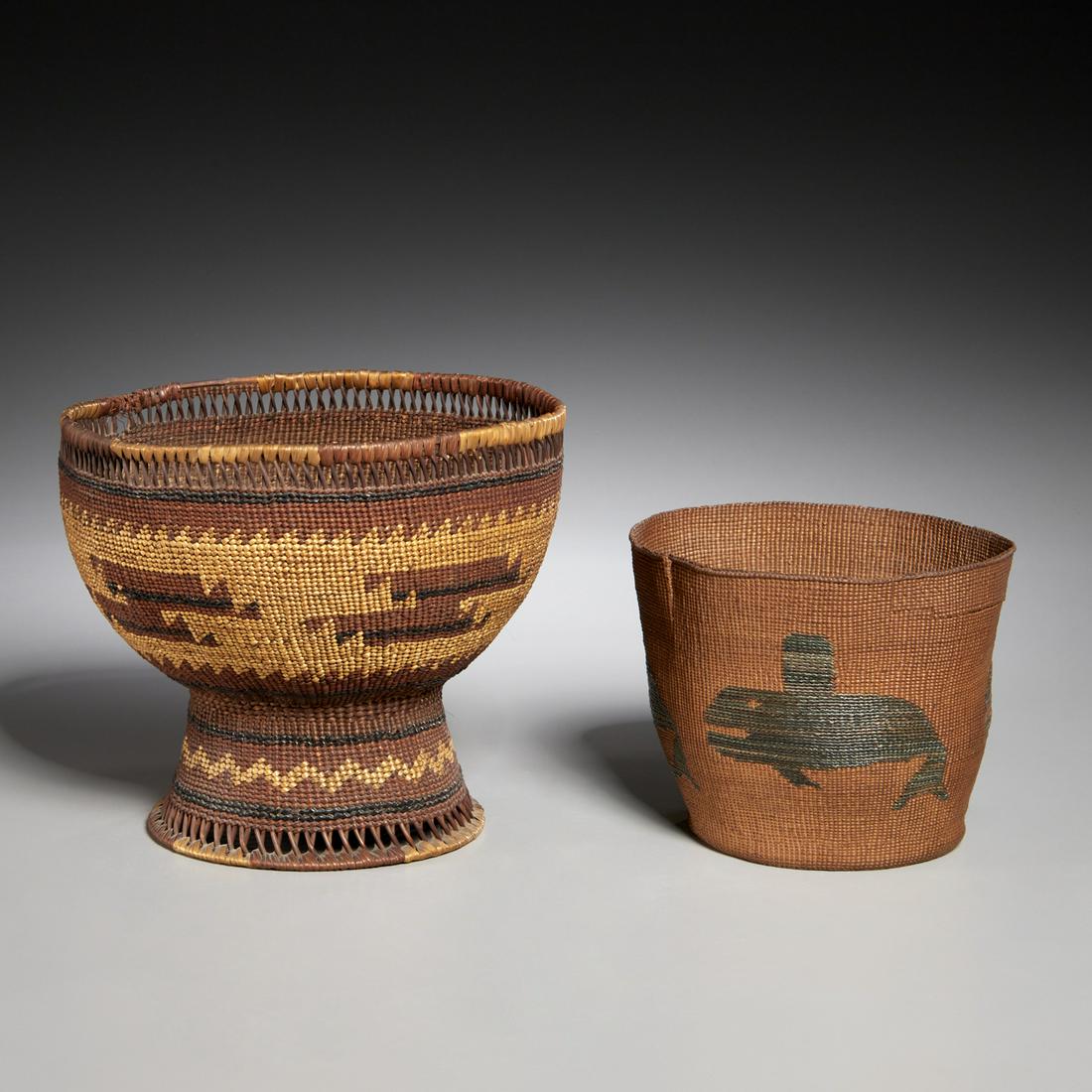 (2) Tlingit and Hupa woven baskets: (2) Tlingit and Hupa woven baskets, likely early 20th c., Northwest Coast, California, twined grasses, other plant fibers, the smaller finely woven with repeating orca whale design, 5"h x 6"dia; the l