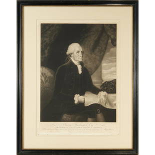 Edward Savage, George Washington portrait, 1793: Edward Savage, George Washington portrait, 1793, "From the Original Portrait Painted at the request of the Corporation of the University of Cambridge in Massachusetts", mezzotint, shows Washington hol