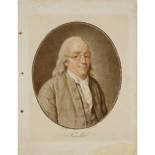 Pierre-Michel Alix, color engraving, 1795: Pierre-Michel Alix, color engraving, 1795, Pierre-Michel Alix (French, 1762-1816), "Portrait of Benjamin Franklin" after Carle van Loo, color aquatint, titled and signed in plate, matted and unframed,