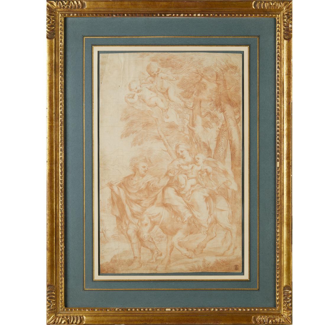Ciro Ferri, sanguine drawing, ex Dhikeos: Ciro Ferri, sanguine drawing, ex Dhikeos, Ciro Ferri (Italian, 1634-1689), "Flight into Egypt", red chalk on paper, no signature observed, collector's mark lower right of Nicos Dhikeos (Greek-French 1