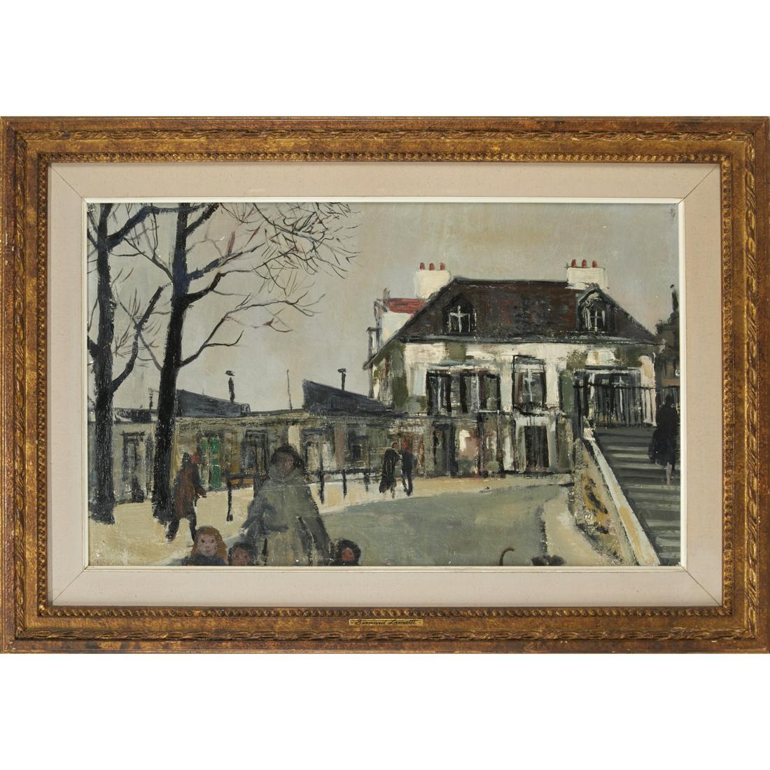 Bernard Lemotte, oil on board: Bernard Lemotte, oil on board, Bernard Lamotte (American/French1903-1983), "Le Bateau Lavoir", no signature observed, gallery label verso, matted and framed, 16"h x 25"w (sight), 21"h x 32"w (frame) P