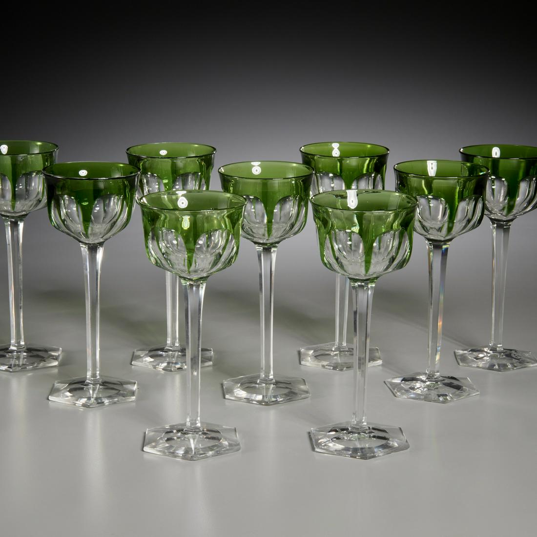 (9) Baccarat green 'Malmaison' Rhine wine goblets: (9) Baccarat green 'Malmaison' Rhine wine goblets, c. 1910, France, clear and emerald green cut glass, some with Baccarat acid etched mark to underside, 7.5"h Provenance: A Private Collection: 27 West