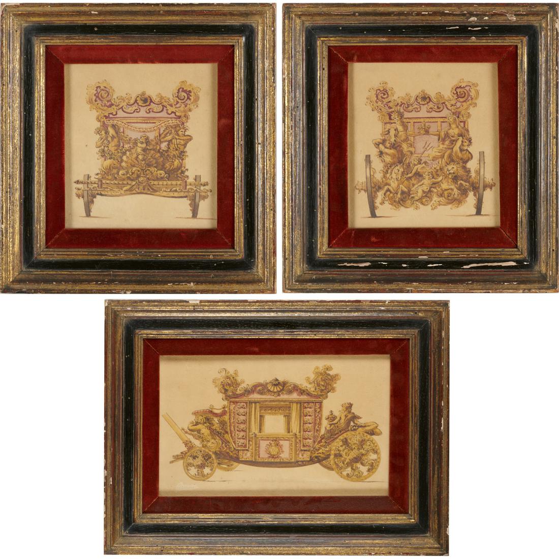 Ciro Ferri (attrib), (3) carriage design drawings: Ciro Ferri (attrib), (3) carriage design drawings, Attributed to Ciro Ferri (Italian, 1634-1689), front, side and rear view renderings for the design of a Baroque coach, possibly designs for Roger Ear