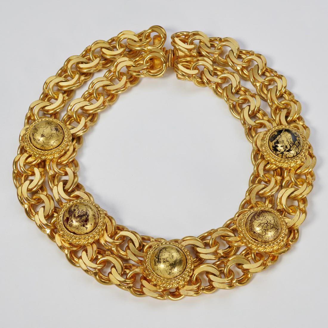 Isabel Canovas double chain necklace: Isabel Canovas double chain necklace, 20th c., in heavy gilded metal with glass gilded multicolor cabochons, stamped Isabel Canovas, approx. 15.5"l Provenance: From an Upper East Side Collection