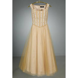 Pilar Rossi gold silk and beaded tulle gown: Pilar Rossi gold silk and beaded tulle gown, c. 1990s, "Cinderella" style featuring crinoline layered with raw silk and (2) layers of gold tulle, bodice with beading and lace trim, fully lined, approx
