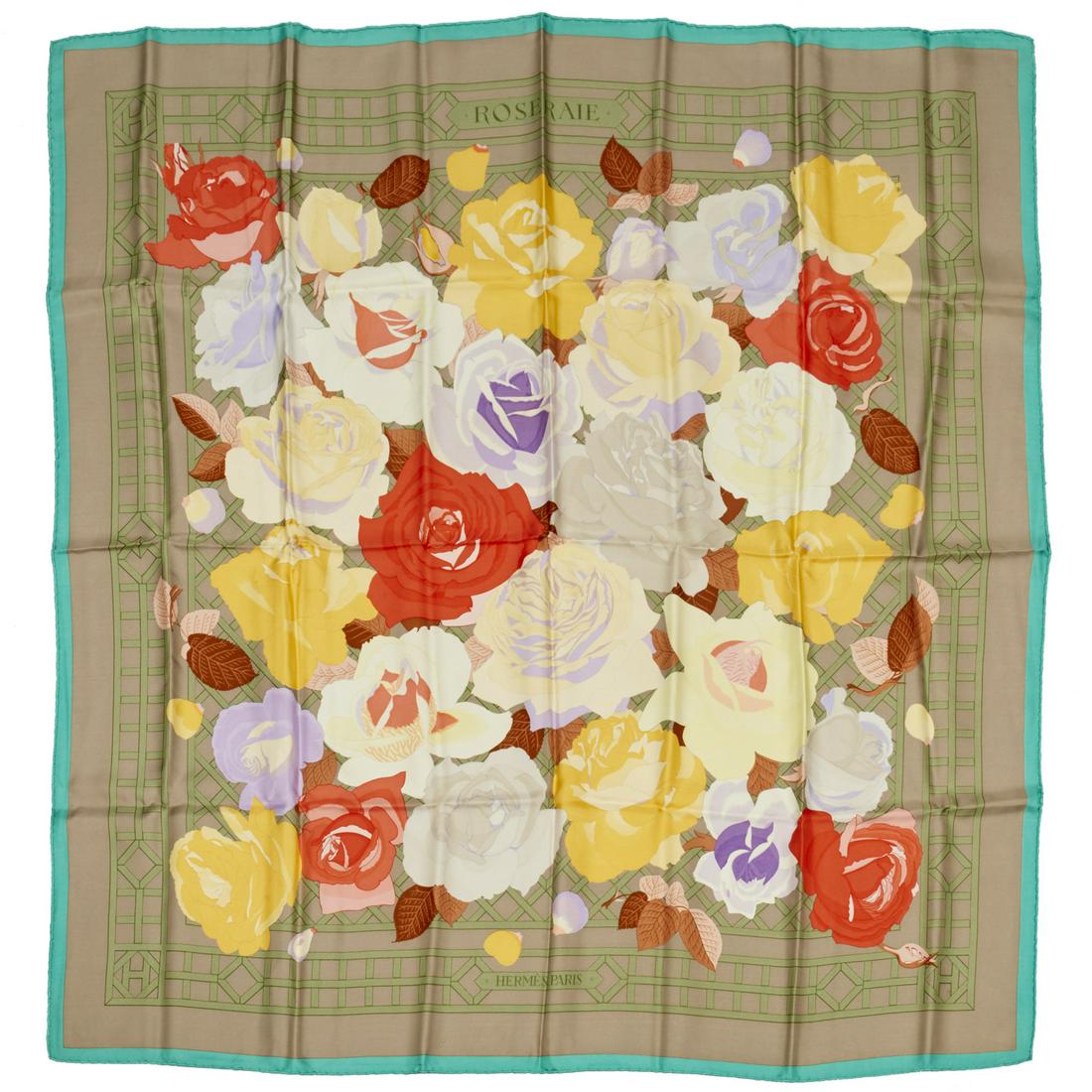 Hermes "Roseraie" 90 cm scarf: Hermes "Roseraie" 90 cm scarf, 20th c., Made in France, taupe/teal, first designed by Christiane Vauzelles in 1990, approx. 35"squ Provenance: From an Upper East Side Collection