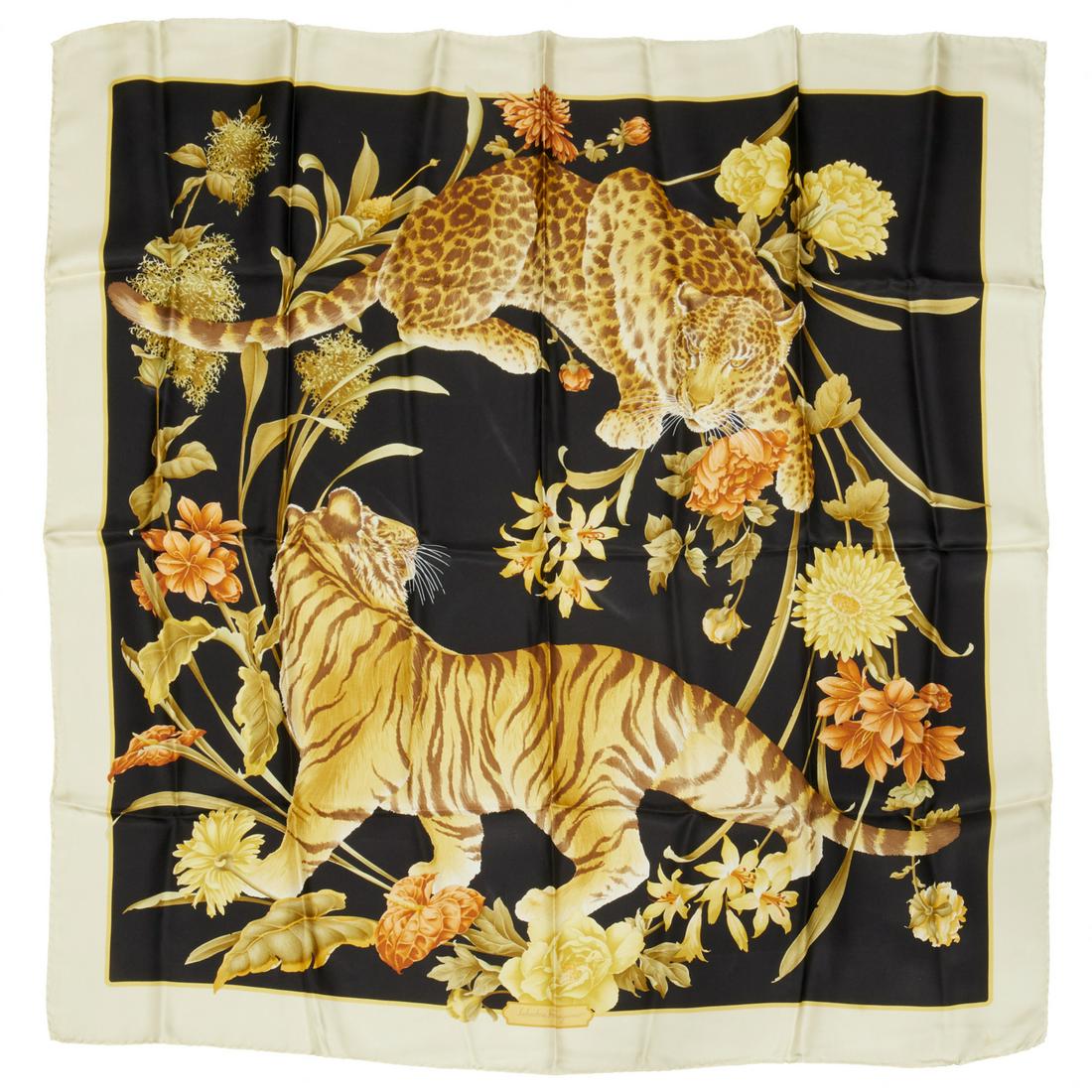 Salvatore Ferragamo silk leopard scarf: Salvatore Ferragamo silk leopard scarf, c. 1980s, Made in Italy, black and yellow, with tag and signature, approx. 34"squ Provenance: From an Upper East Side Collection