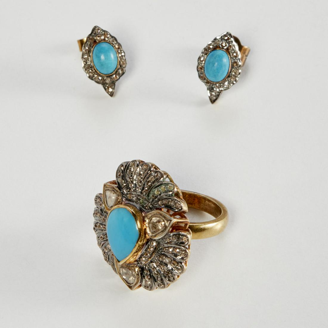 Rose cut diamond, turquoise ring & earrings (1 of 4)