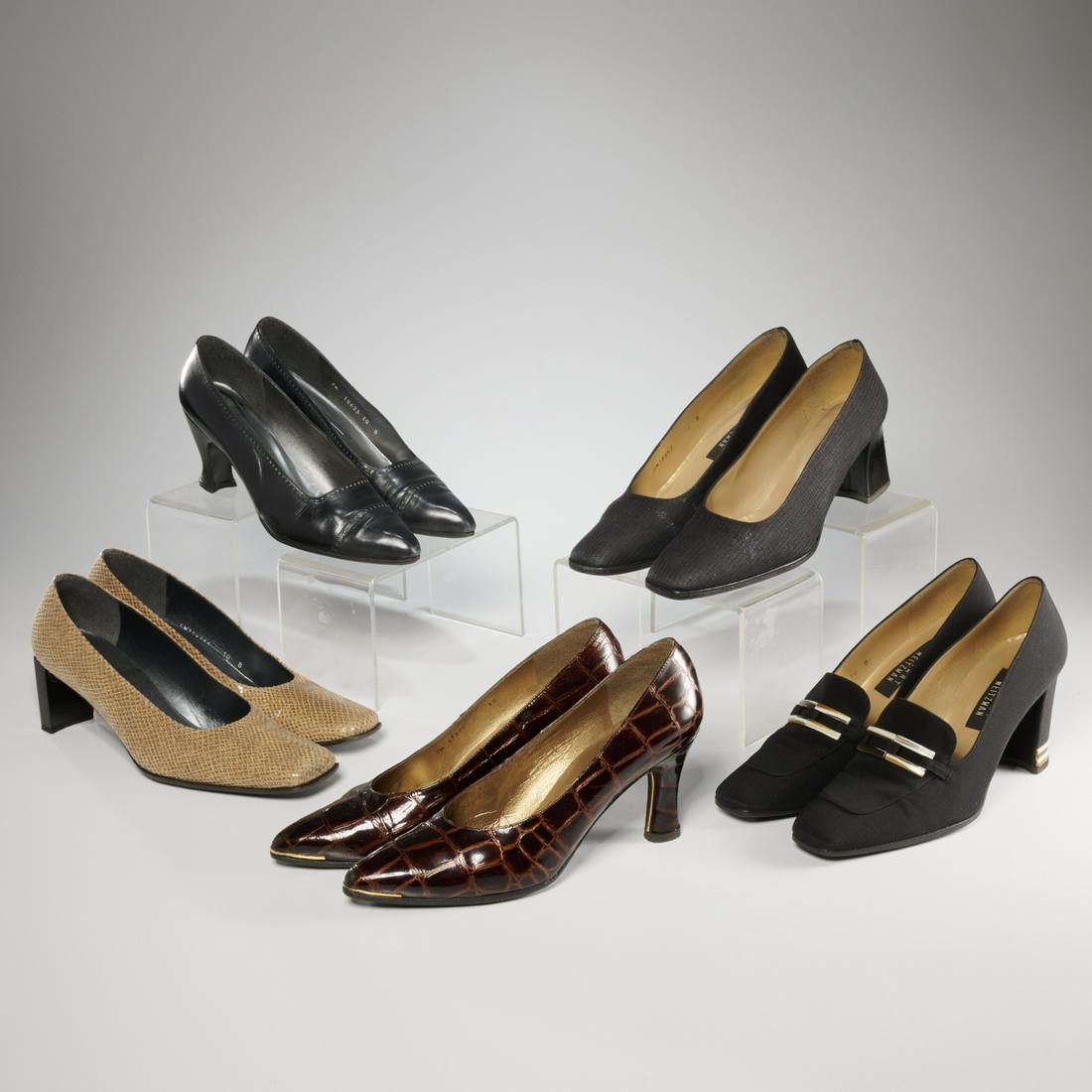 Group of Stuart Weitzman ladies shoes, 10B: Group of Stuart Weitzman ladies shoes, 10B, 21st c., all pump style, (1) ink navy leather with contrast stitch detail, pointed toe, 3"heel, (1) black faille with trim to heel and upper, square toe, 3.